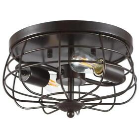 Hcf-1743-00-bnhd-1 11 In. 2-light Bronze Rustic Metal Caged Flush Mount