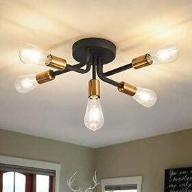 5light Semi Flush Mount Close To Ceiling Light Fixture Metal Black And Gold Mode