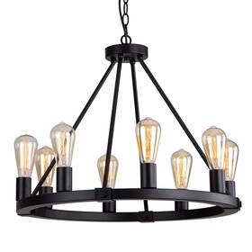 9mmml 752790032463 23.6 Inch 8 Lights Wagon Wheel Chandelier Black Metal Round Industrial Vint