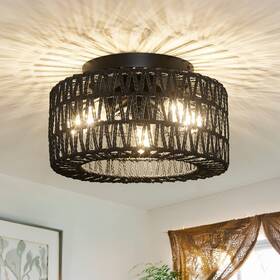 Rattan-b-001 Abeajat Rattan Light Fixtures Ceiling Mount 3lights Boho Flush Handw