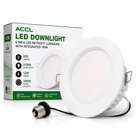 Accl Accl-rdl6-12w27k-wh 6 Inch Led Retrofit Recessed Downlight 12w 2700k 820lm White Trim E26 Adapter