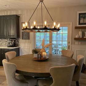 Acroma 797374944367 Allegray 12-light Farmhouse Faux Wood Wagon Wheel Chandelier Weathered Walnut 42