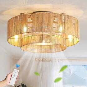 F017 Ainqiant 20 Inch Boho Caged Ceiling Fans With Lights Flush Mount Layered Rattan Ceili