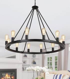 As9007-12 Amzasa Large Farmhouse Wagon Wheel Chandelier Black Industrial Round 12 Light