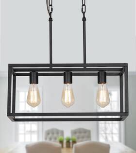 As9009-3 Amzasa 3light Black Linear Chandelier Modern Rectangle Farmhouse Dining Room Light Fixt