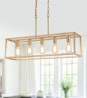 As9009-5gd Amzasa Gold Rectangle Kitchen Island Lights Rectangular Modern Industrial Chandelier