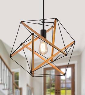 As9011-1 Amzasa Black Geometric Art Deco Hanging Pendant Light Metal And Wood Modern I