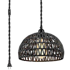 Arcomead 755346421865 1-light Pendant Lightbohemian Black Woven Rattan Basket Chandelier Twist Hemp Ha