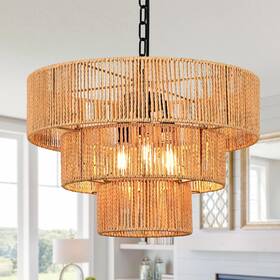Zs-3c-b-450 Ayshwilldec 3-light 18 Inch Natural Woven Boho Chandelier For Bedroom Rattan Light Fixture Wick