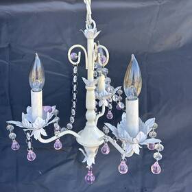 Bailey Street Home 810937135788 Princess Theme Three Light Chandelier Rustic White Finish Pink Glass Crystals