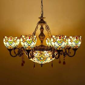 Ch-blk-9 Branded Tiffany Chandelier 11 Lights Cream Brown Stained Glass Pendant Light Chain Adjus