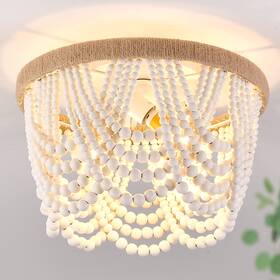 Capslpad 729086675666 Wood Beaded Flush Mount Ceiling Light Antique Rustic Mini Chandelier 3-light