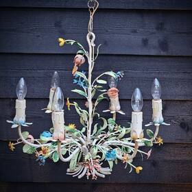 E82643fd-6829-4 Ciani White Italian Tole Chandelier Multicolored Metal Flowers And Leaves 6 Lights