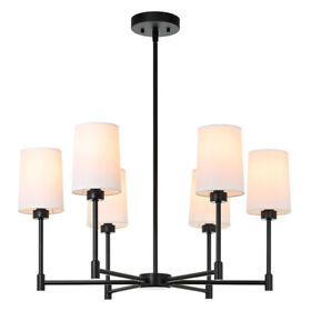 Dining Room Chandelier 6 Light Black Pendant Lighting Fabric Shade Living