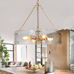 Durent Lighting 732133134108 Gold Chandelier For Dining Room 19.5 Inch Glass Drum Pendant Lights Kitc