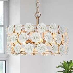 Durent Lighting 739406523010 Gold Flower Chandelier 3-light Luxury Drum White Flowers