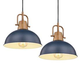 Ge269mil-2 Emliviar 2 Pack Blue Hammered Pendant Light Metal Haning Lighting Fixtures With Wood Grai