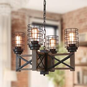 Eumyviv 820912849524 Wood Farmhouse Cage Rustic Chandelier Kitchen Island 4 Lights 23.9 Inch