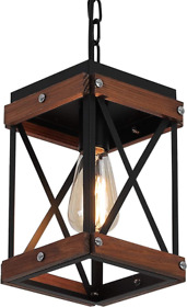 Fivess Lighting Rustic Farmhouse Pendant Light With Wood And Metal Cage Chains