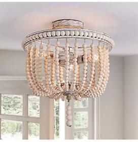 Flush Mount Ceiling Light12.6-inch Boho Light Fixtures3-light Wood Beaded