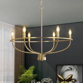 09-6g Fookchak 6-light Gold Chandelier 29 Inch Brushed Brass Modern Candle Light Fixture