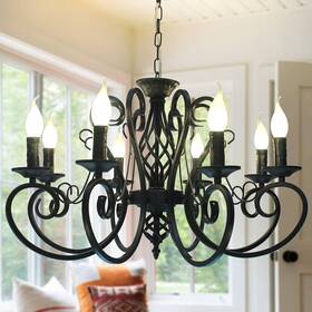 Hd092-8 Ganeed French Country Chandelier 8 Lights Kitchen Island Candle Iron Black