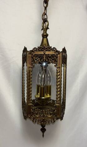 3054 Gim Vintage 1967 Brass And Glass Lantern Pendant Light Gothic Spanish Complete