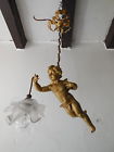 C1930 Glass Bronze Floral Vintage French Paris Cherub Shade Chandelier Bow