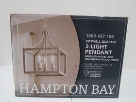 1002427108 Hampton Bay Boswell Quarter 3 Light Brushed Nickel Pendant With Weathered Wood