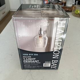 1006819306 Hampton Bay Gillian 1-light Brushed Nickel With Hammered Glass Shade Pendant New