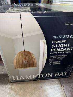 1007212038 Hampton Bay Highler 1-light 18 Inch Matte Black Pendant Natural Rattan Shade