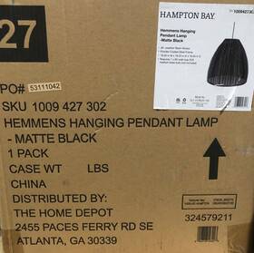 1009427302 Hampton Bay Hemmens Hanging Pendant Lamp Matte Black 1-light New