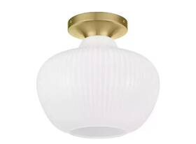 Home Decorators Collection 736916718295 Pompton 12 Inch 1-light Gold Semi-flush Mount With White Ribbed Glass