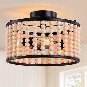 Huixute 725683205671 Farmhouse Boho Light Fixture 3-light Wood Beaded Chandelier Black Semi Flus