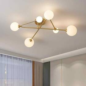 Pd1036061 Huoku 33.9 Inch 6-light Brass Sputnik Semi-flush Mount Frosted Opal Glass Shade