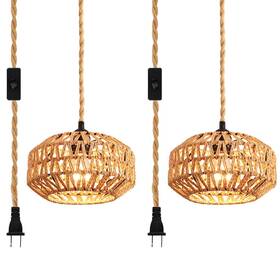 Ihengyanlt P1220z-2 2 Pack Plug In Pendant Light Rattan Hanging Lamp With Switch Mini Boho