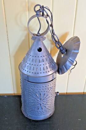 812016032476i2301 Irvins Country Tinware Revere Punched Tin Lantern Electrified Hanging Light- Primitive-colonial-country