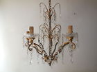 C1940 Italian Crystal Florentine Micro Prisms Gilt Beaded Gold Chandelier Wood