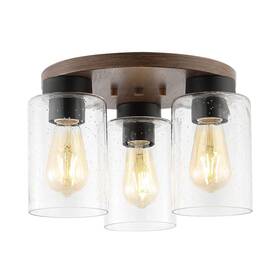 88380339 Jonathan Y 13 Inch 3-light Nola Bohemian Farmhouse Iron/seeded Glass Led Semi Flush Mount Wood