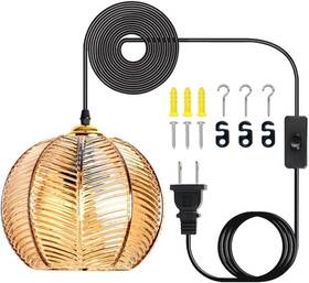 Kol01 Koltime Plug In Glass Pendant Light Mid-century Modern Striped Amber Hanging Ce