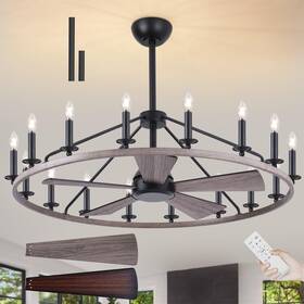 F496bk-16 Kuailkag 44 Inch Wagon Wheel Chandelier With Fans Ceiling Fan 16-lights
