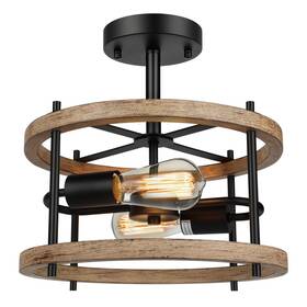 C3111-02-wdbk Lakumu 2-light Retro Semi Flush Mount Ceiling Light Fixture Rustic Vintage Wood Cei