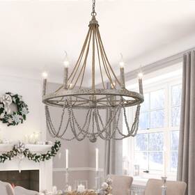 Xw25.5 Lnc 603765711343 Farmhouse 6-light Empire Wagon Wheel Chandelier Boho Wood Taupe L25.5 Inch Xh3