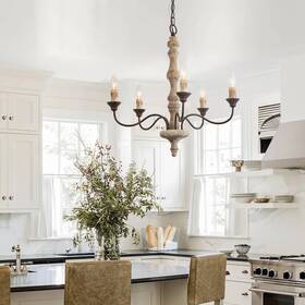 Lnc 630128002695 Farmhouse French Country 5-light Wood Chandelier Hanging Taupe D 23 Inch H 24.5