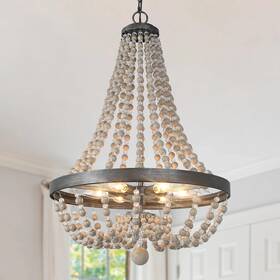 Xh88.3 Lnc 708747338638 Farmhouse Wood Beads 6-light Handmade Chandelier - D20.1 Inch