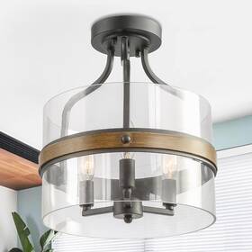 Lnc 739406509014 Modern Farmhouse 3-light Glass Chandelier Semi-flush Mount Black Brown 12 Inch L