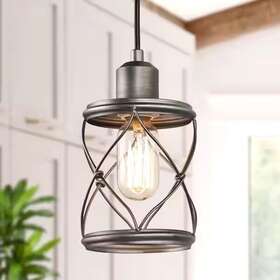 A03475 Lnc Modern Farmhouse Gray Mini Pendant Light With Dark Pewter Drum Metal Wire Cage