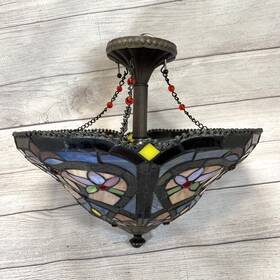 263588 Lowes Portfolio Art Glass 16 Inch Tiffany Style Pendant Lamp Oil-rubbed Bronze Flush Mount