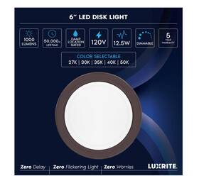 Lr23872 Luxrite New Disk Light Bronze Finish Cct Selectable 6 Inch Free Us Shipping