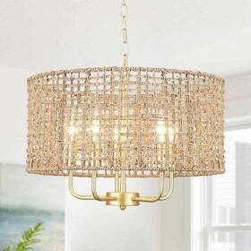 D0160m-5-pg Lwytjo Bn-ul Nevarez 5-light 18.9 Inch Gold Rattan Boho Pendant Chandelier Drum Shade